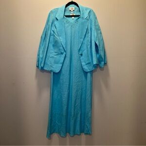 Talbots 100% Linen Dress Suit 18 Turquoise Sleeveless Business Cocktail 2PC